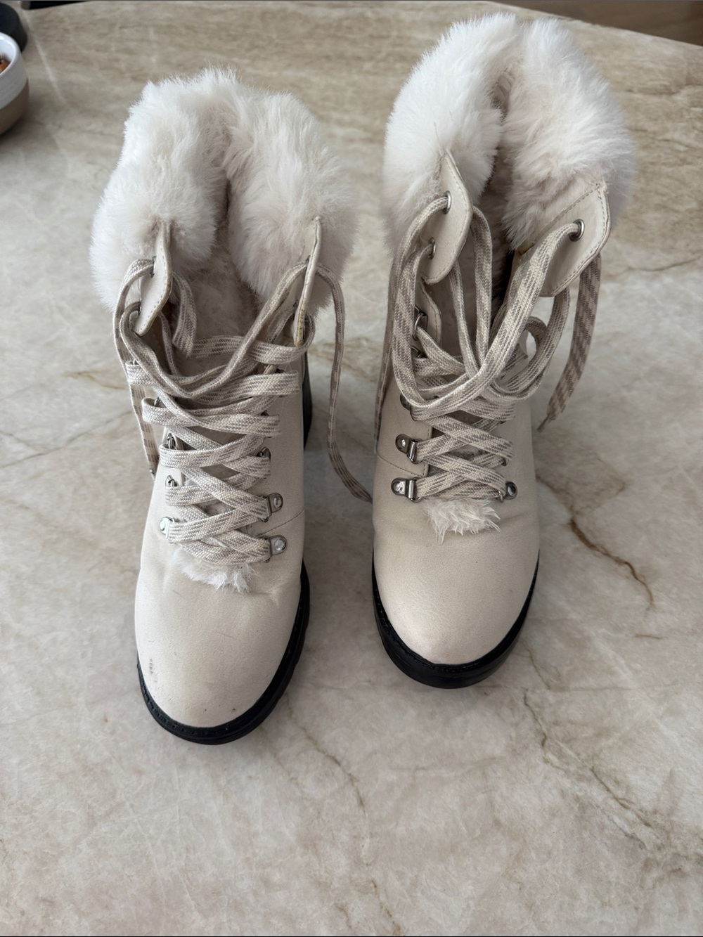 Women’s Esprit Cream Fur-Trim Lace-Up Winter Boots